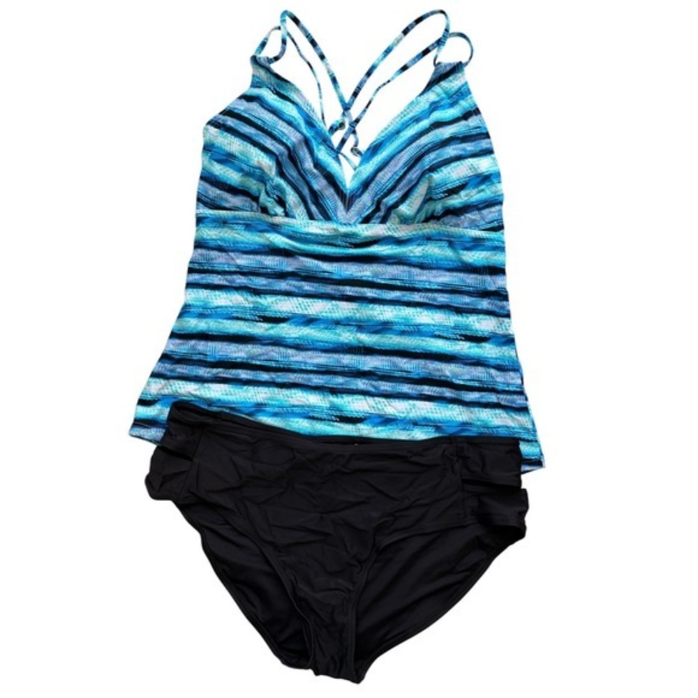 NEW Cupshe Blue Tankini Size XXL 2 Piece Set with‎ Black Bottoms Swimwear - Picture 2 of 8